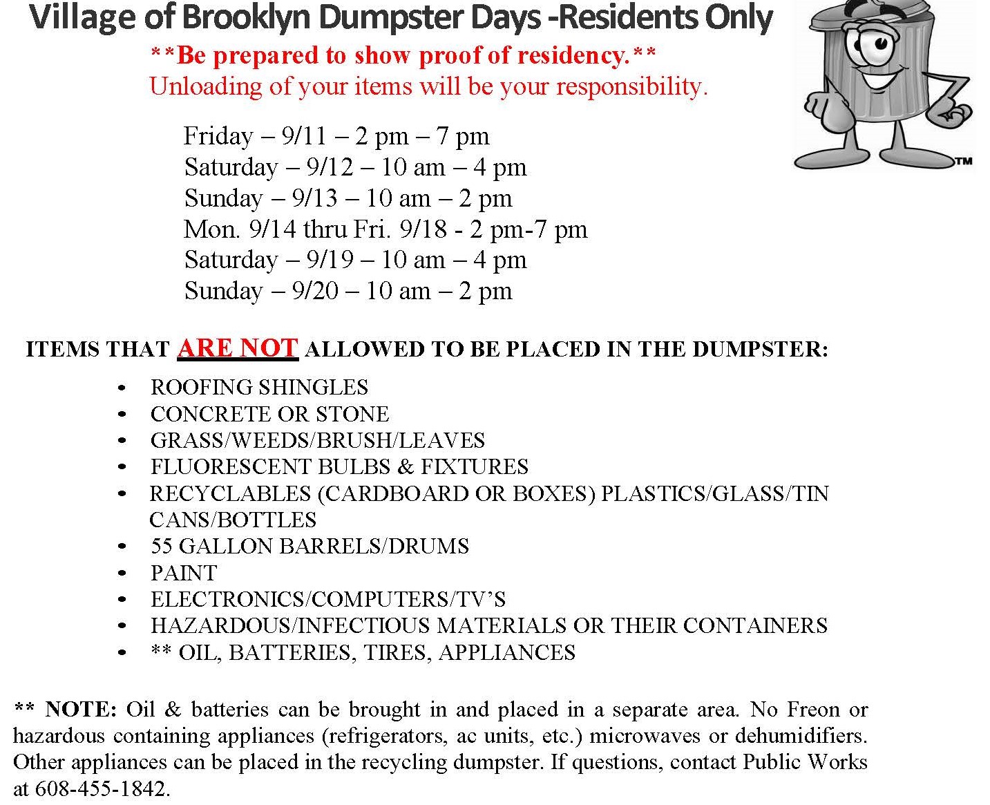 Village of Brooklyn 2020 Fall Dumpster Days Village of Brooklyn