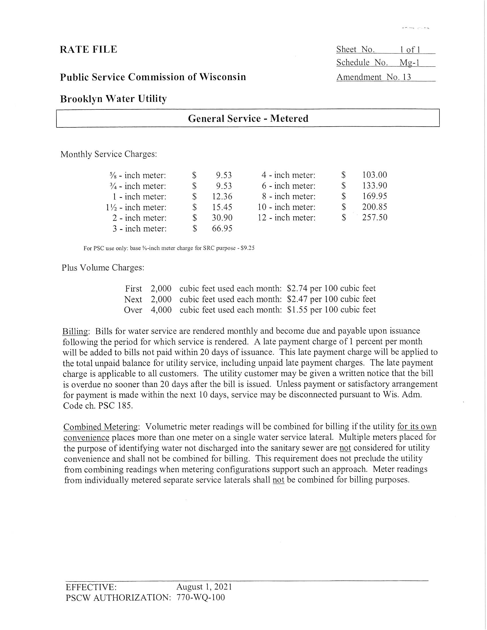 Water rate increase effective August 1, 2021 Village of Brooklyn