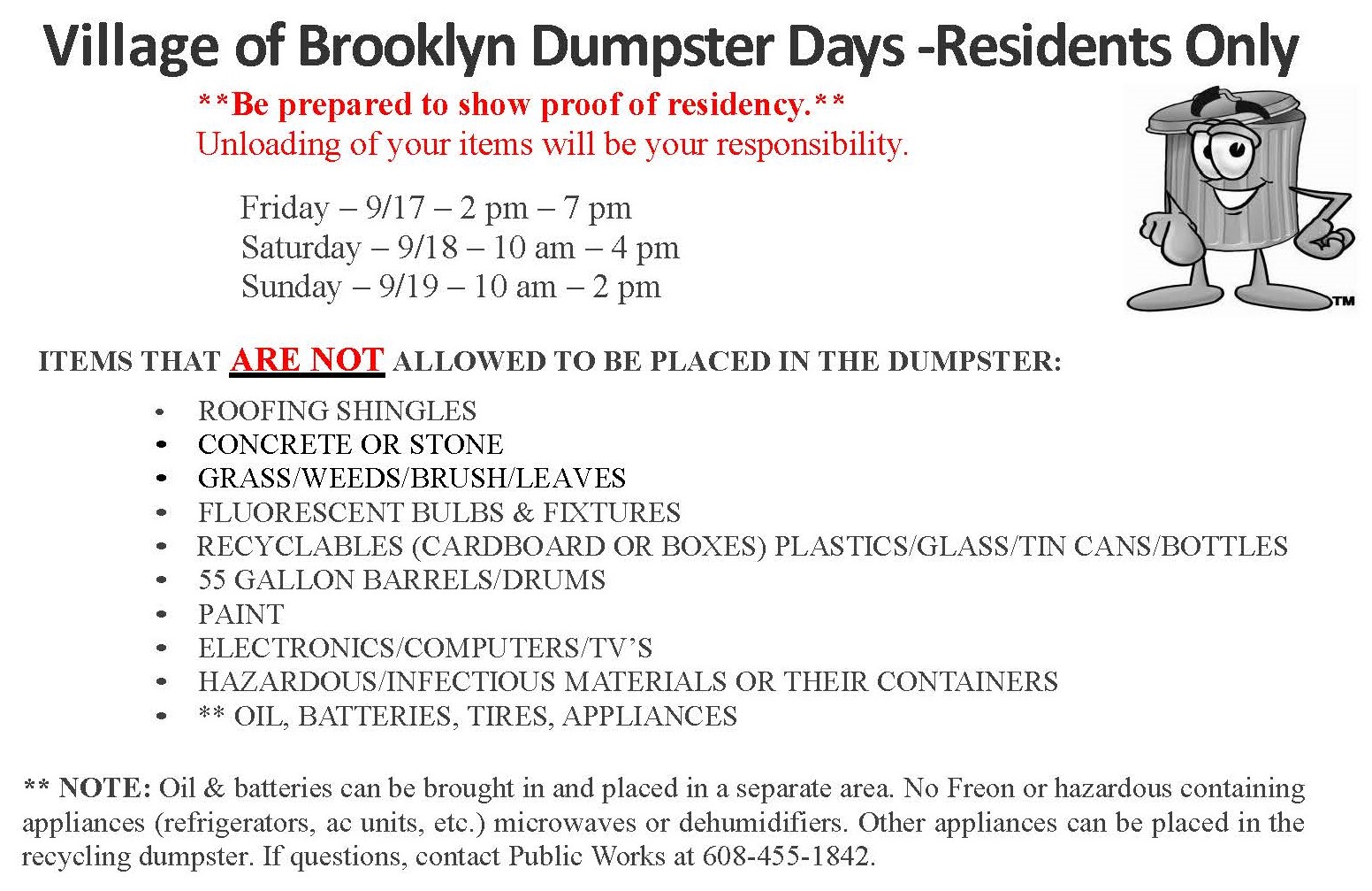 Dumpster Days Sept. 17, 18 & 19 Village of Brooklyn