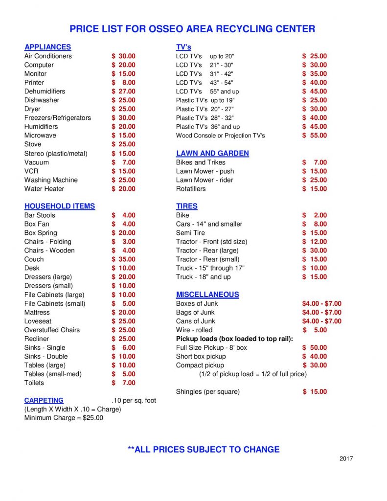 Recycling Price List City of Osseo, Trempealeau County, WI