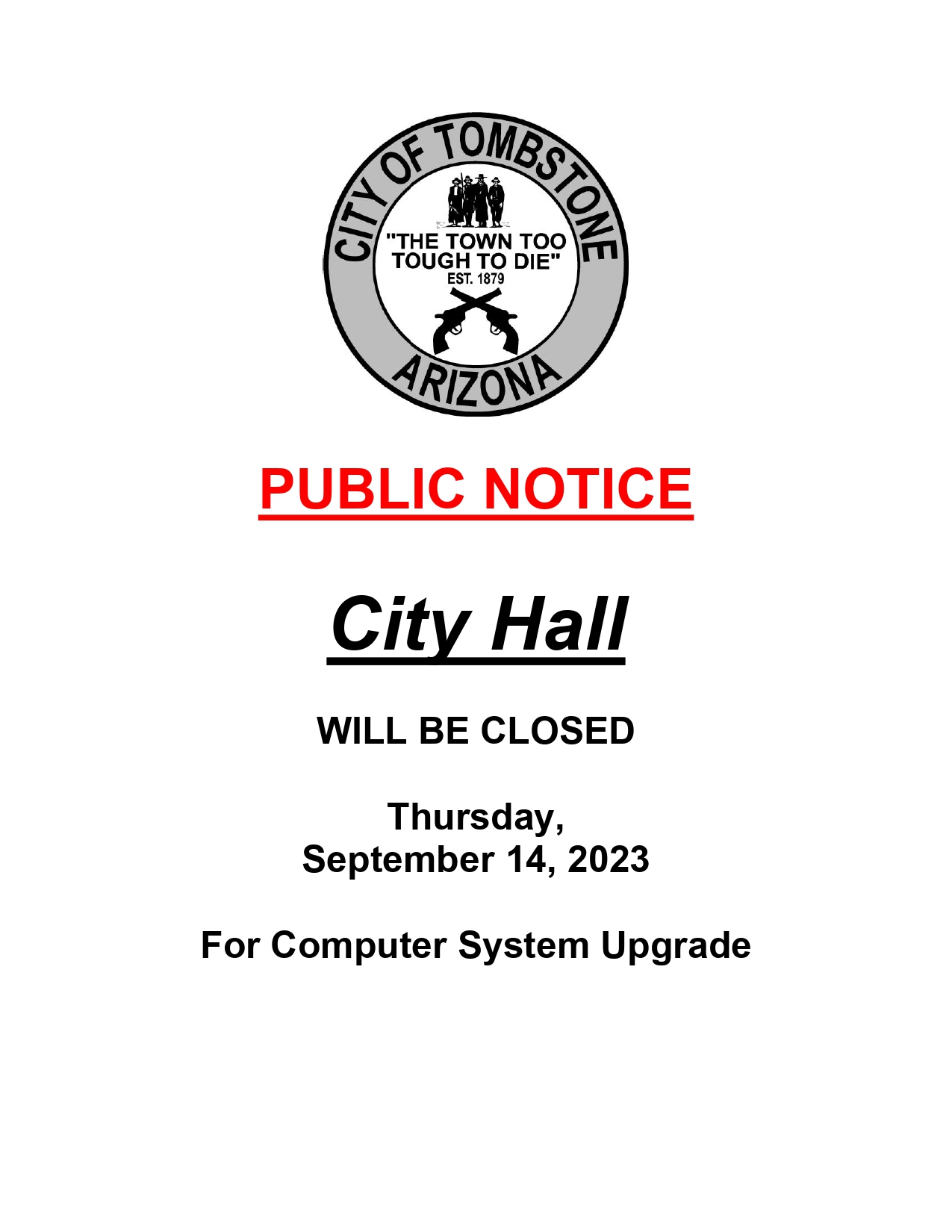 Cityhallclosed91423 City of Tombstone, Cochise County, Arizona