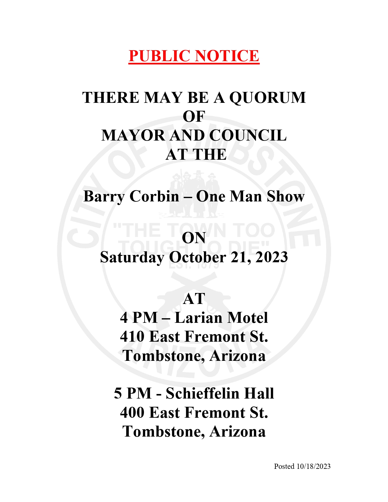 CouncilQuorumBarryCorbinShow2023 City of Tombstone, Cochise