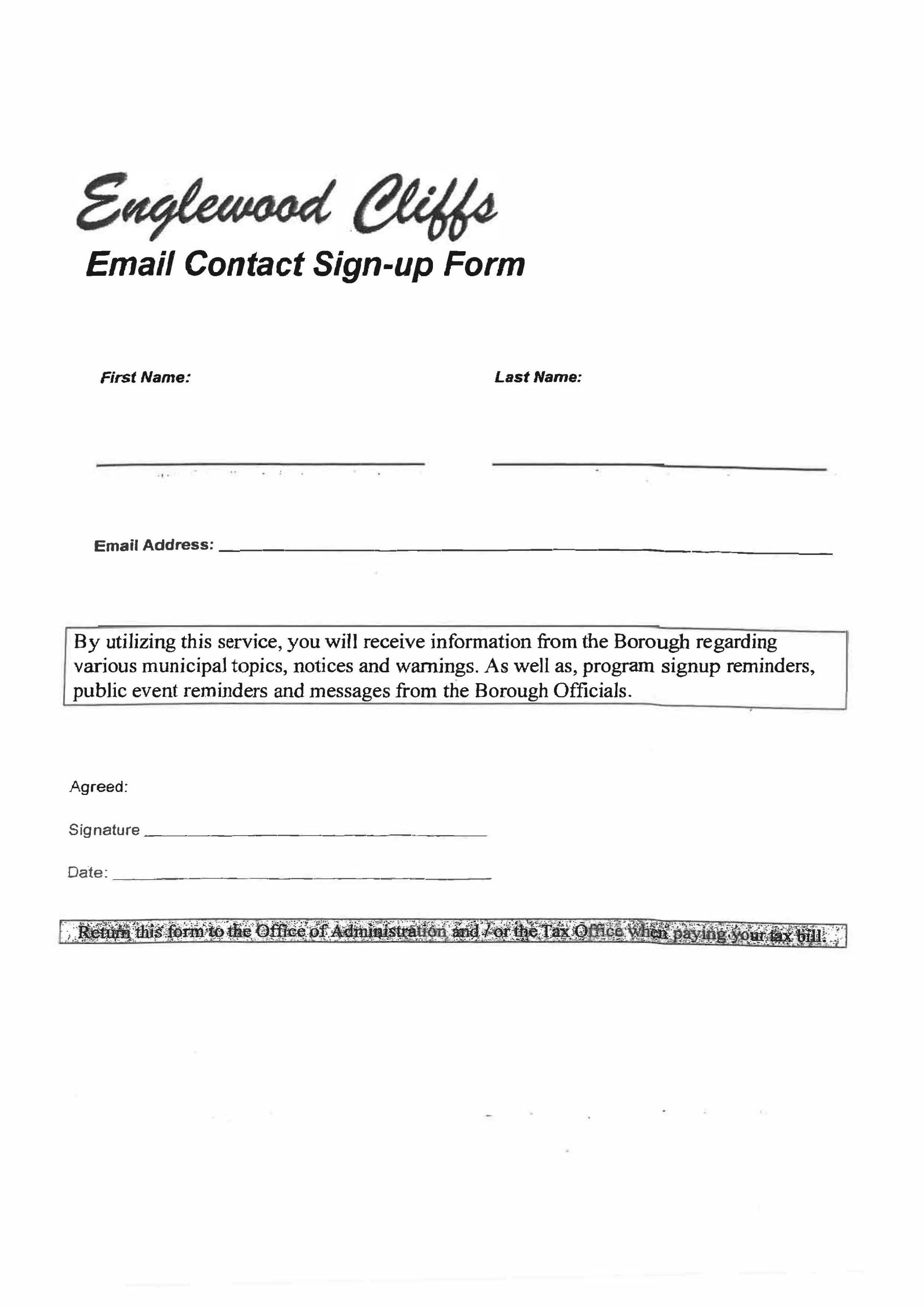 Image of Flyer to sign up to Englewood Cliffs Email updates (news, community events, public meetings and important announcements.