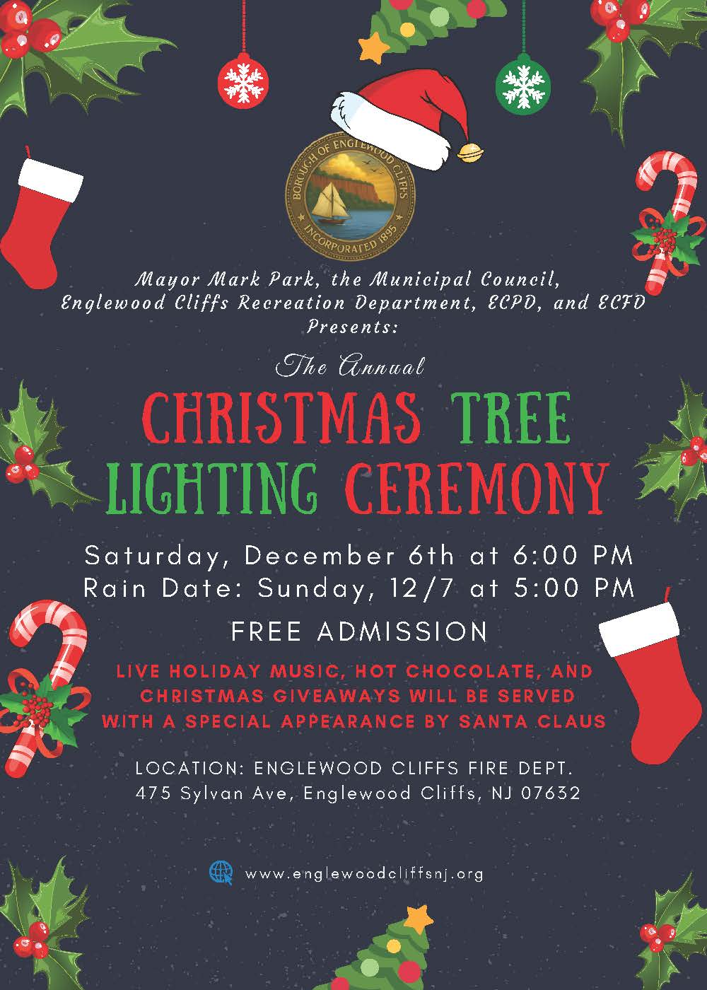 Flyer for Englewood Cliffs Annual Christmas Tree Lighting 2025 on Saturday December 6th at 6:00 PM with rain date Sunday December 7th at 5:00 PM, free admission, Location: Englewood Cliffs Fire Dept. 475 Sylvan Ave, Englewood Cliffs, NJ 07632