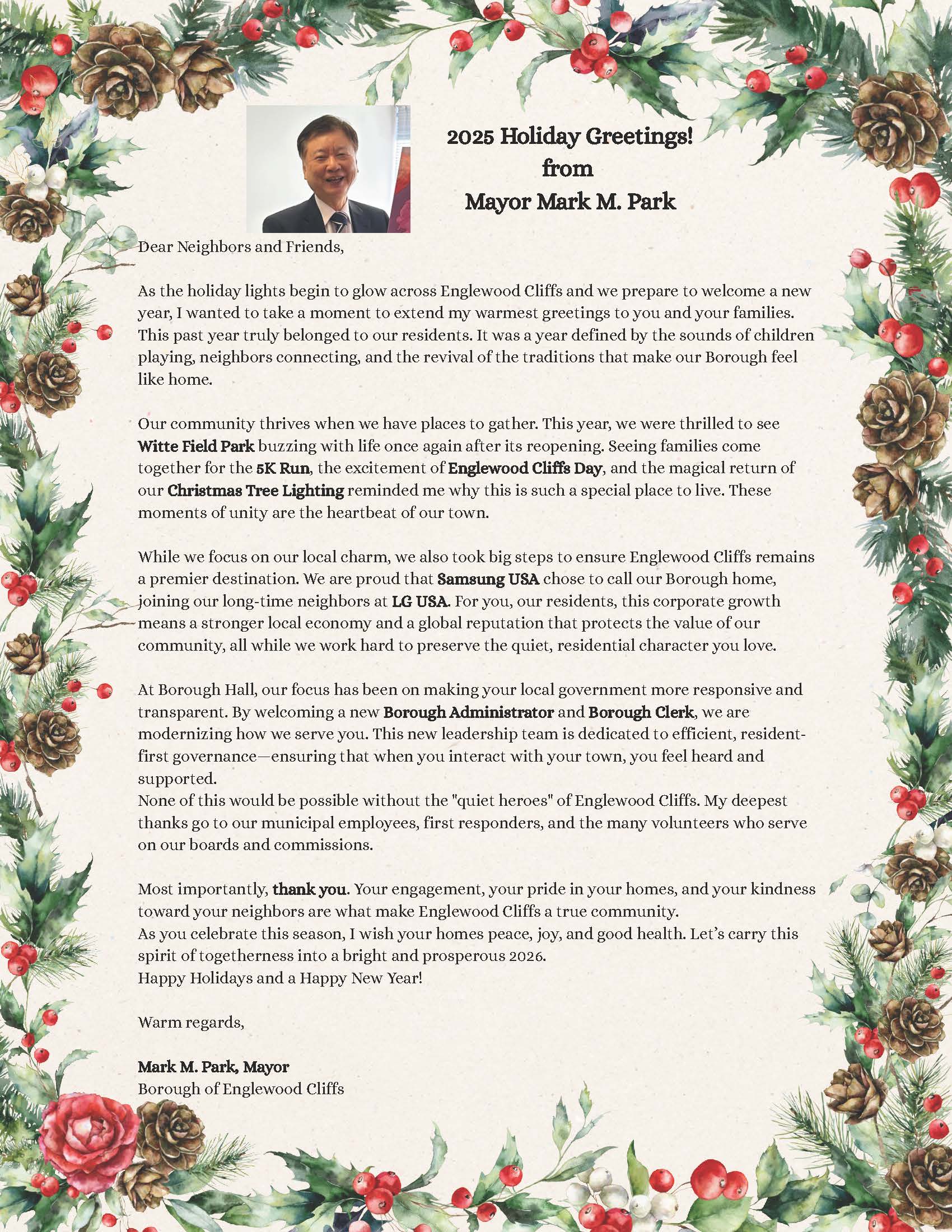 “2025 Holiday message from Mayor Mark M. Park of Englewood Cliffs extending seasonal greetings and well wishes to residents.”