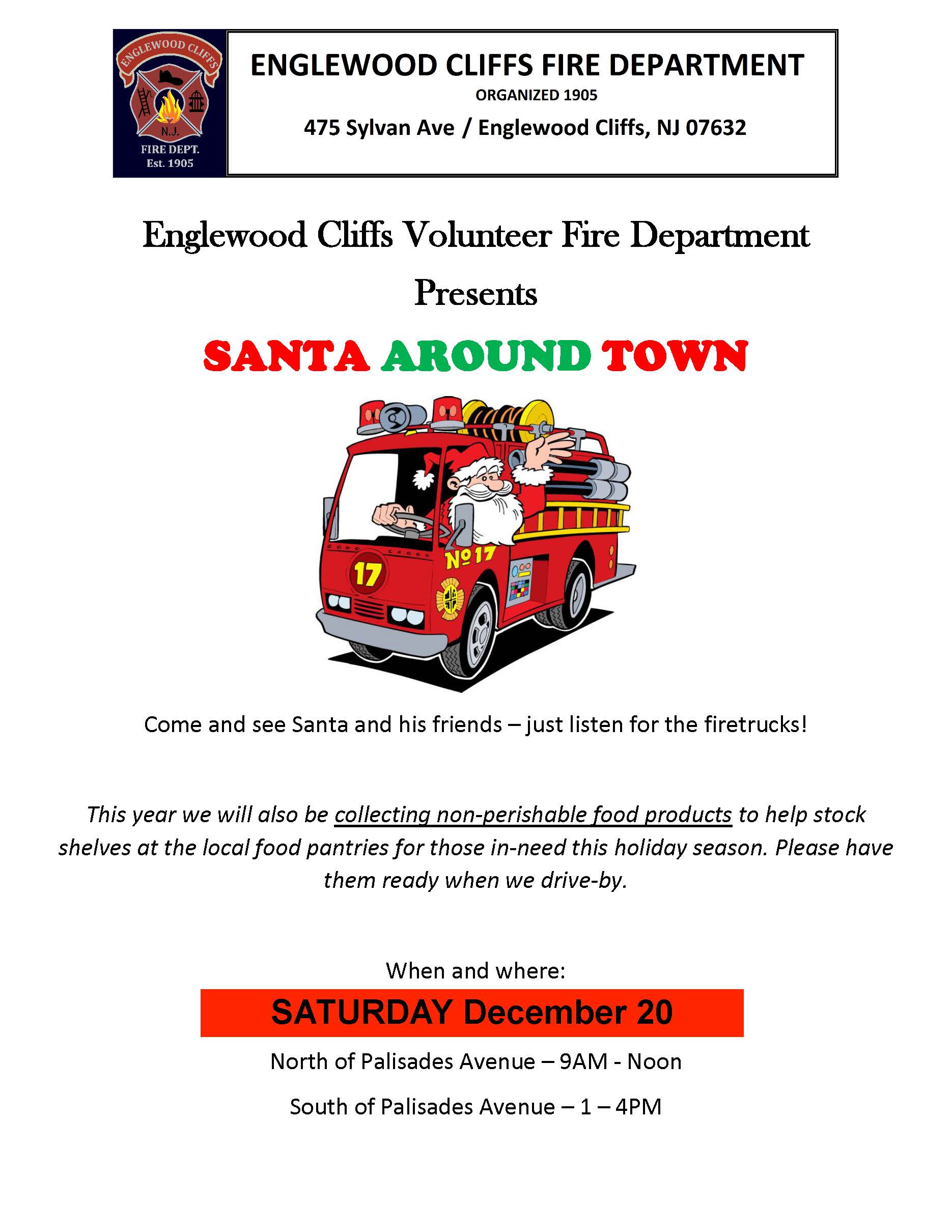 Santa Around Town, Cartoon image of Santa riding a red fire truck.