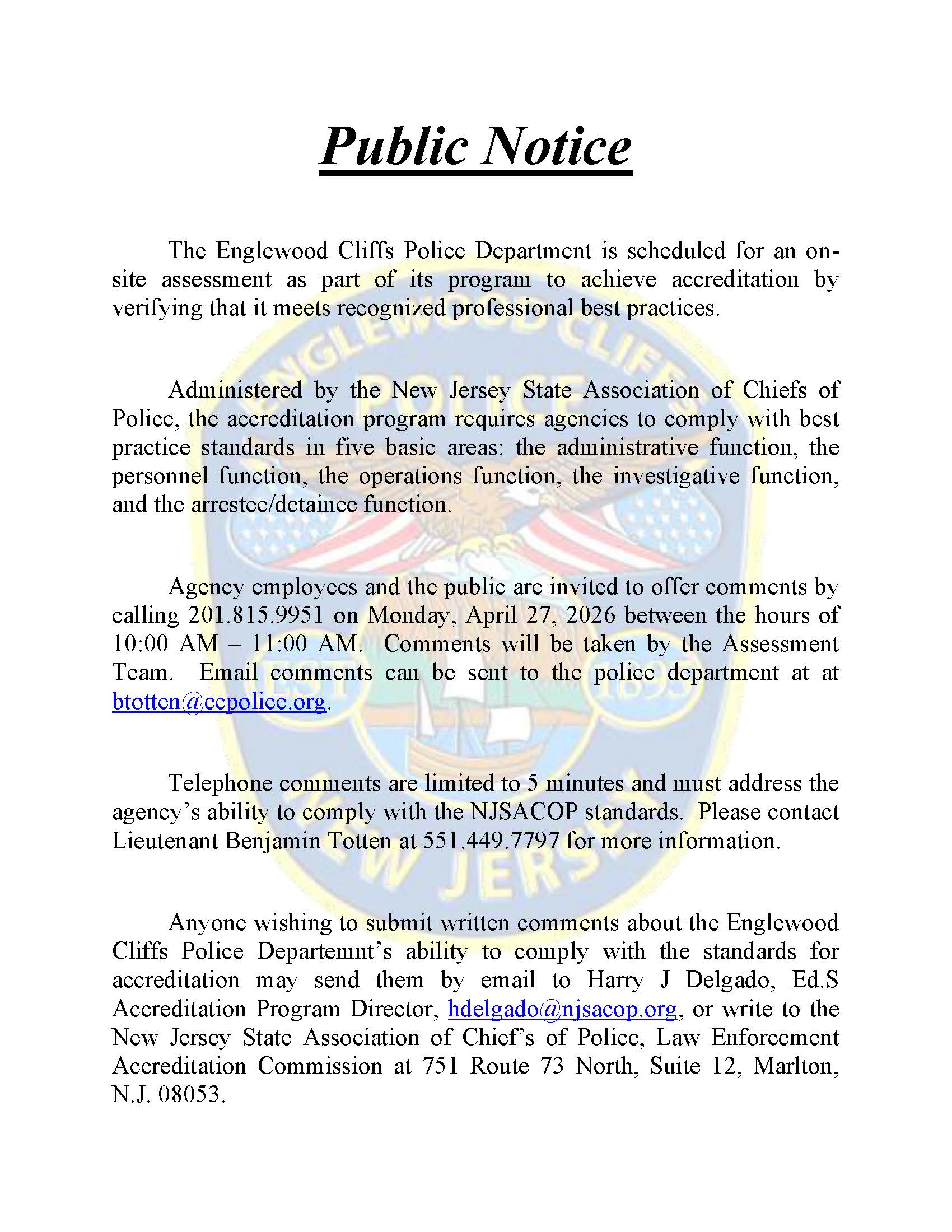 Public Notice: Englewood Cliffs Police Department NJSACOP Accreditation Assessment, April 27, 2026.