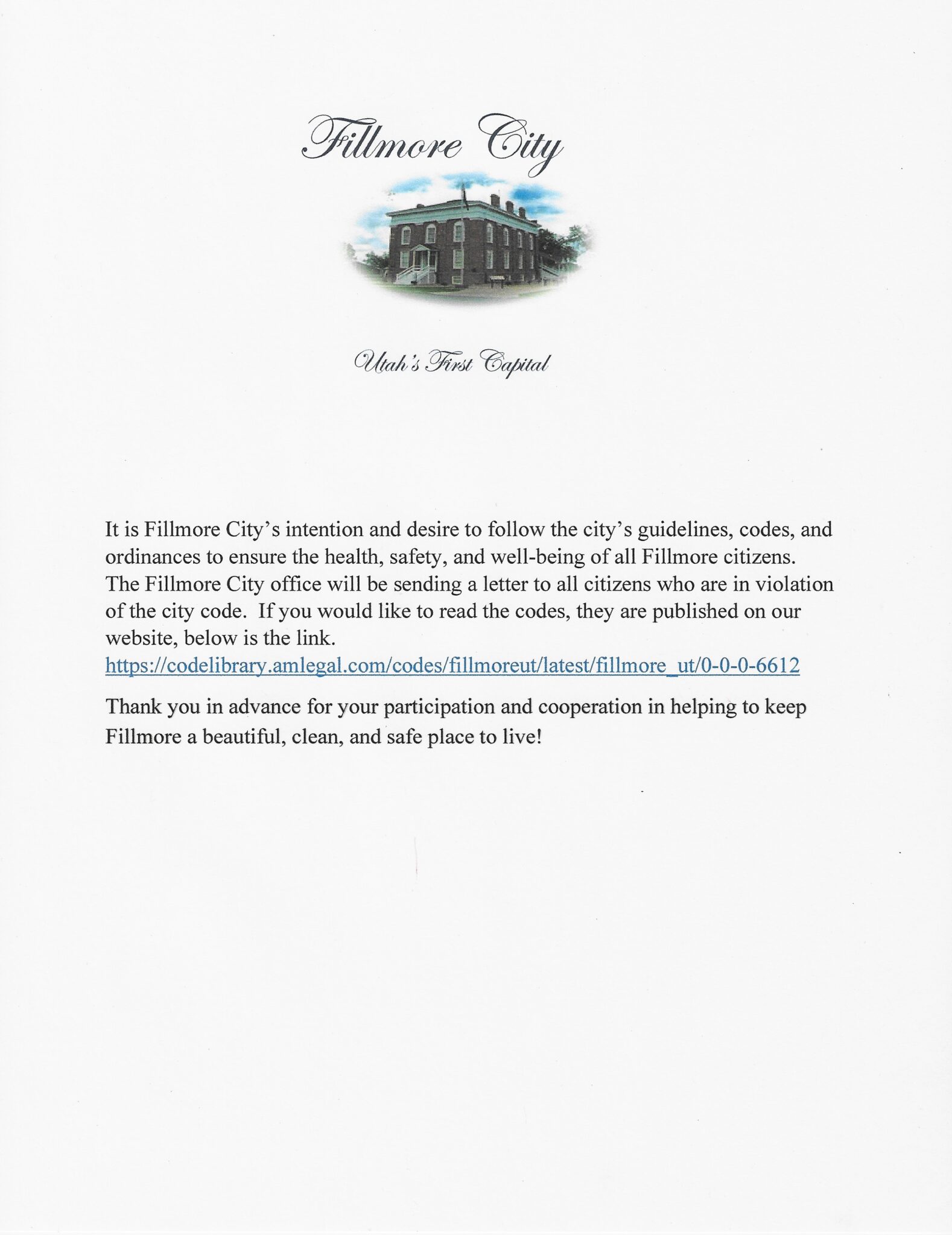 Beautification Notice Fillmore City, Utah