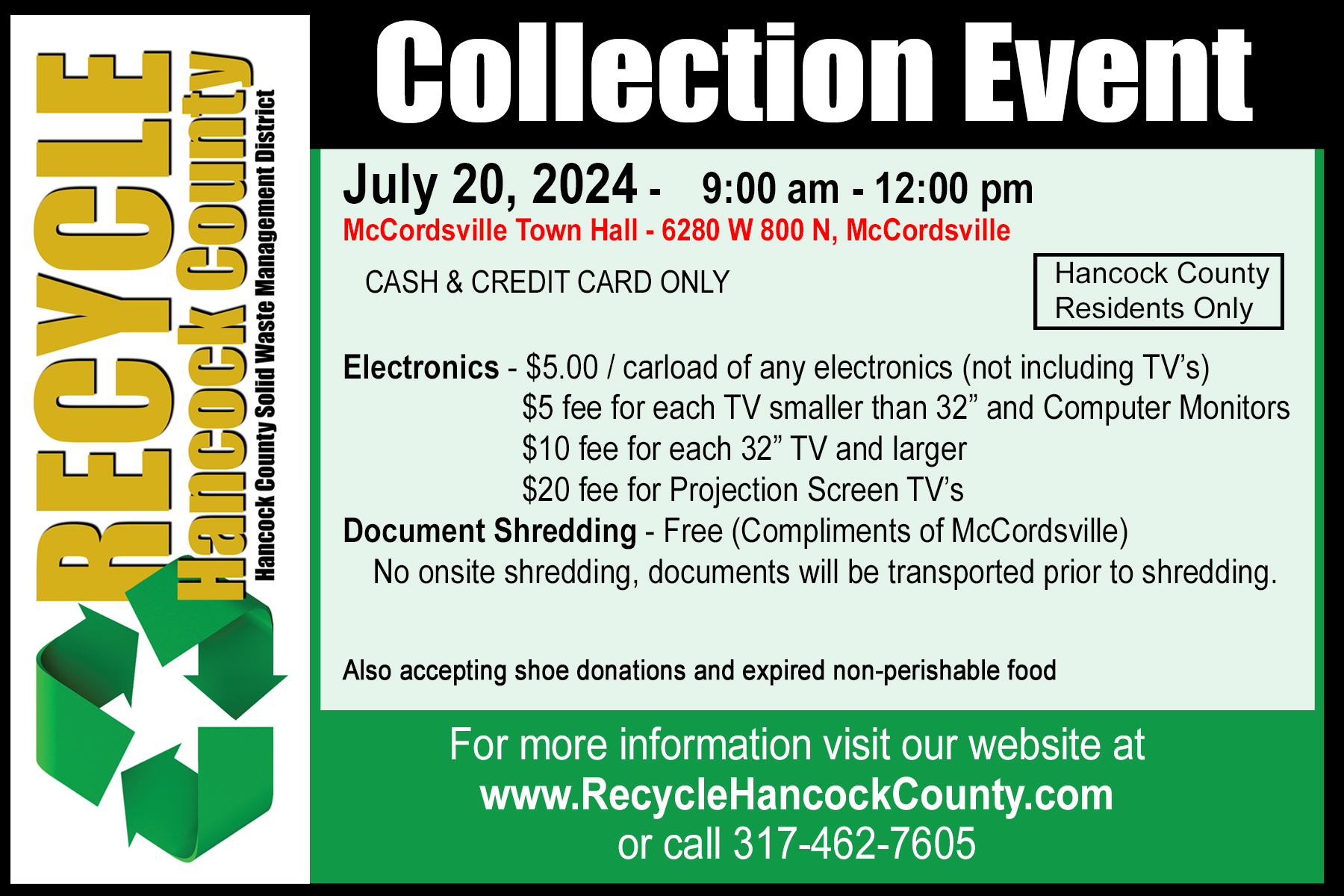 HANCOCK COUNTY RECYCLING COLLECTION EVENT July 20th 9amnoon Town of Fortville