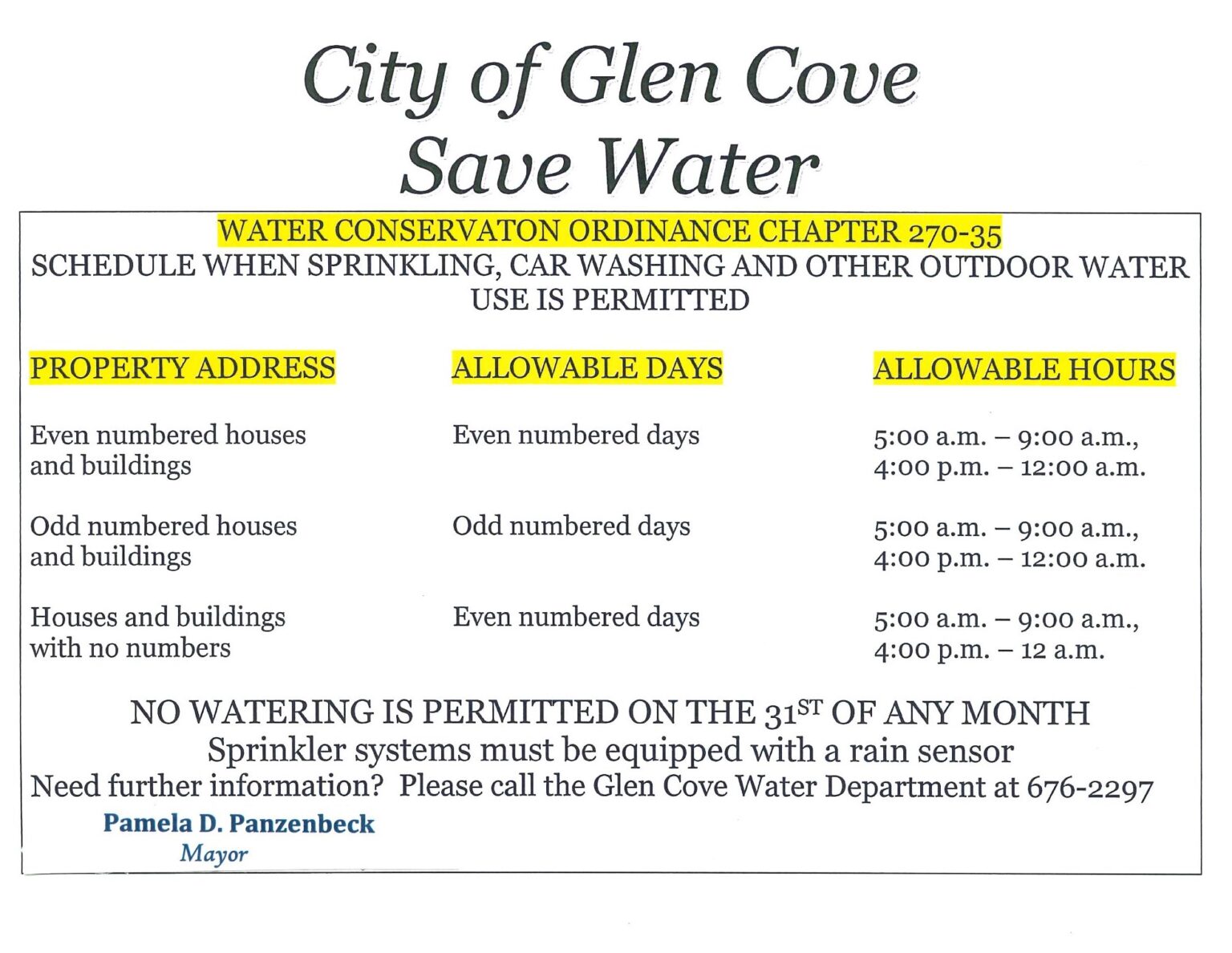 Water Ordinance for Lawn Sprinkler and watering City of Glen Cove