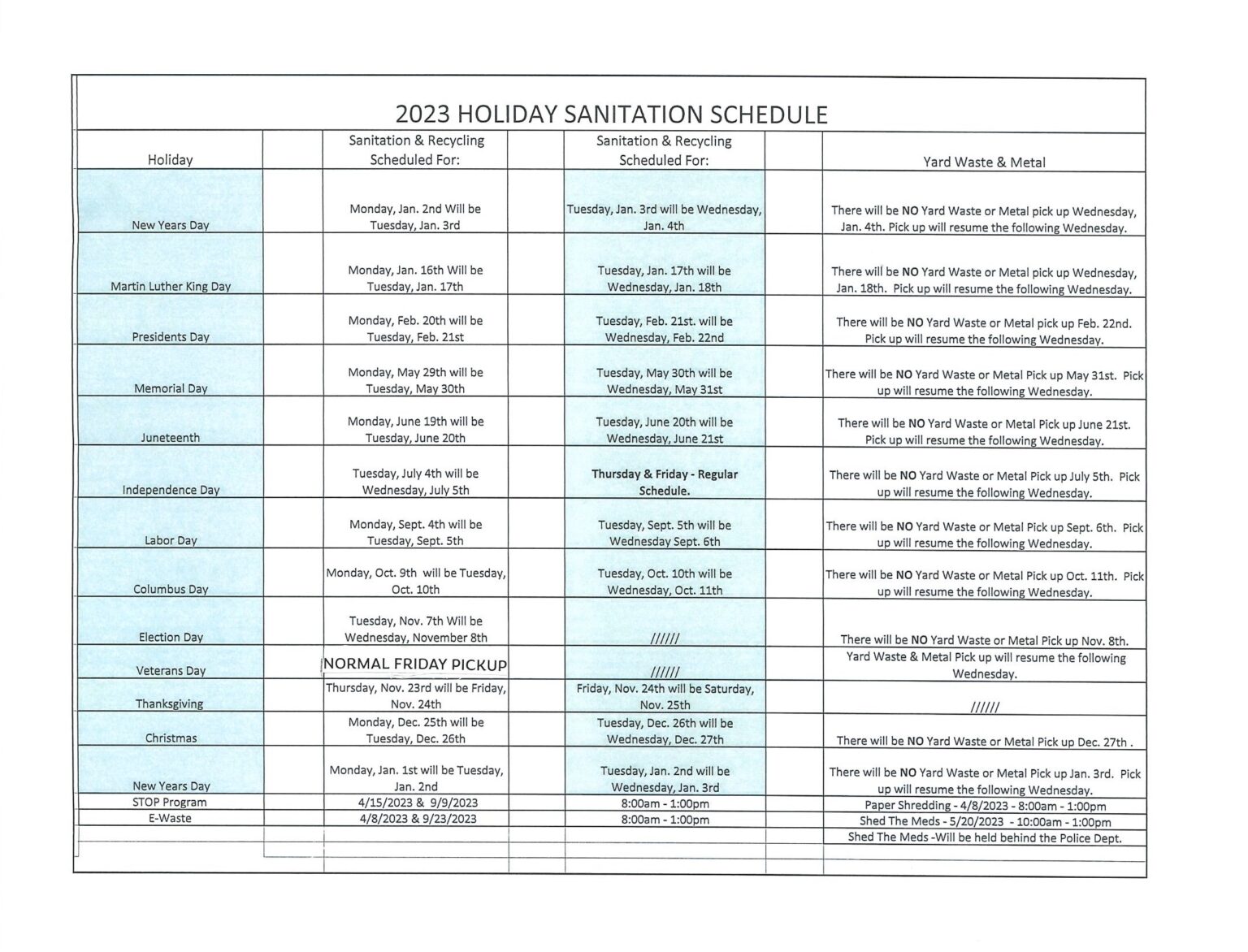 ALERT Please note holiday sanitation schedule for Election Day and Veteran's Day