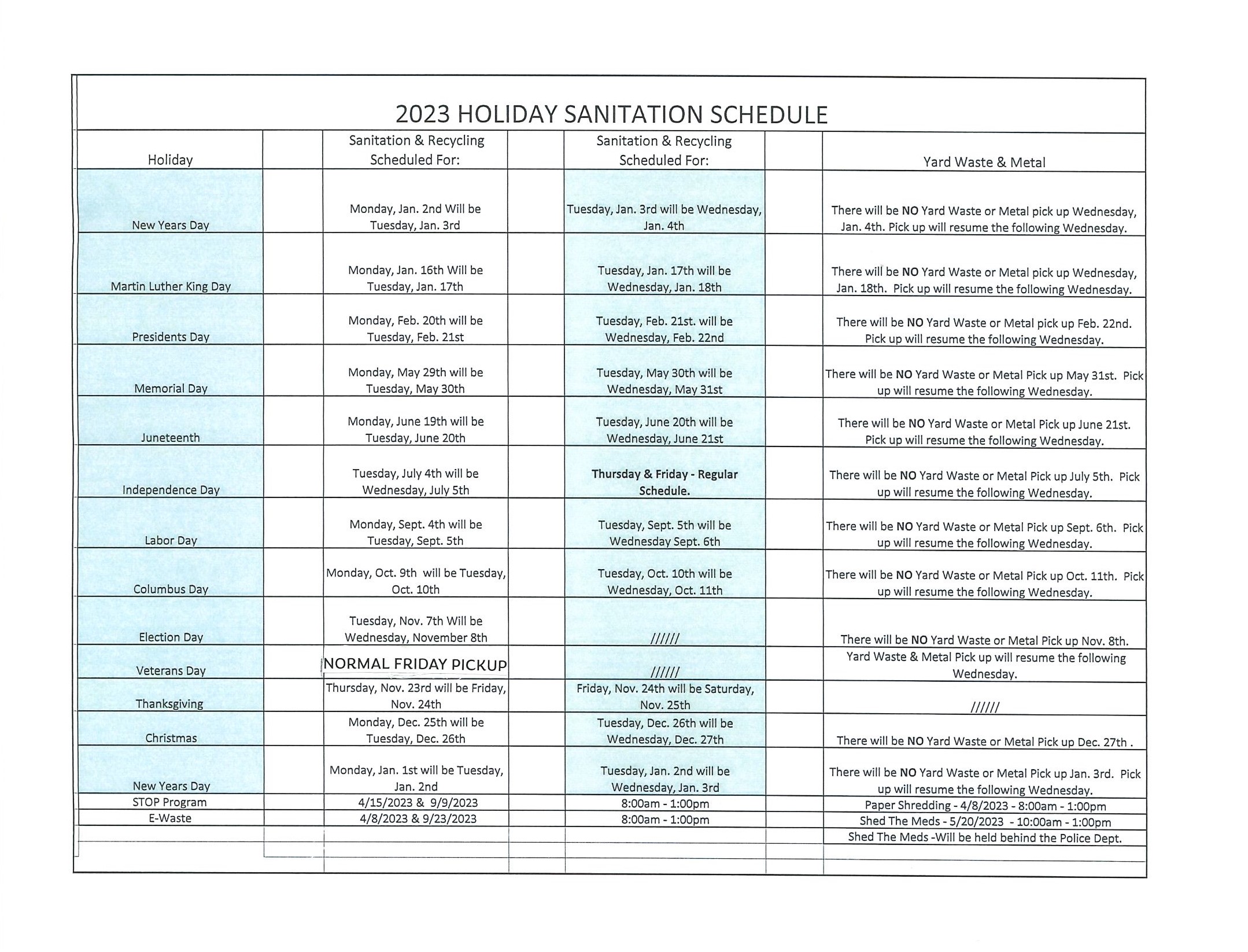 ALERT Please Note Holiday Sanitation Schedule For Upcoming Election ALERT Please Note Holiday Sanitation Schedule For Upcoming Election