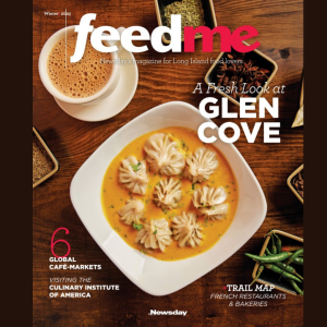 Newsday's Feed Me Magazine Cover Jan 2025 featuring While in Kathmando bowl of dumplings