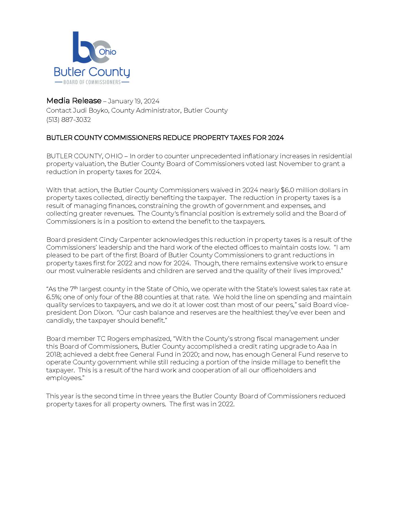 Media Release Butler Co. Commissioners Restate 2024 Property Tax