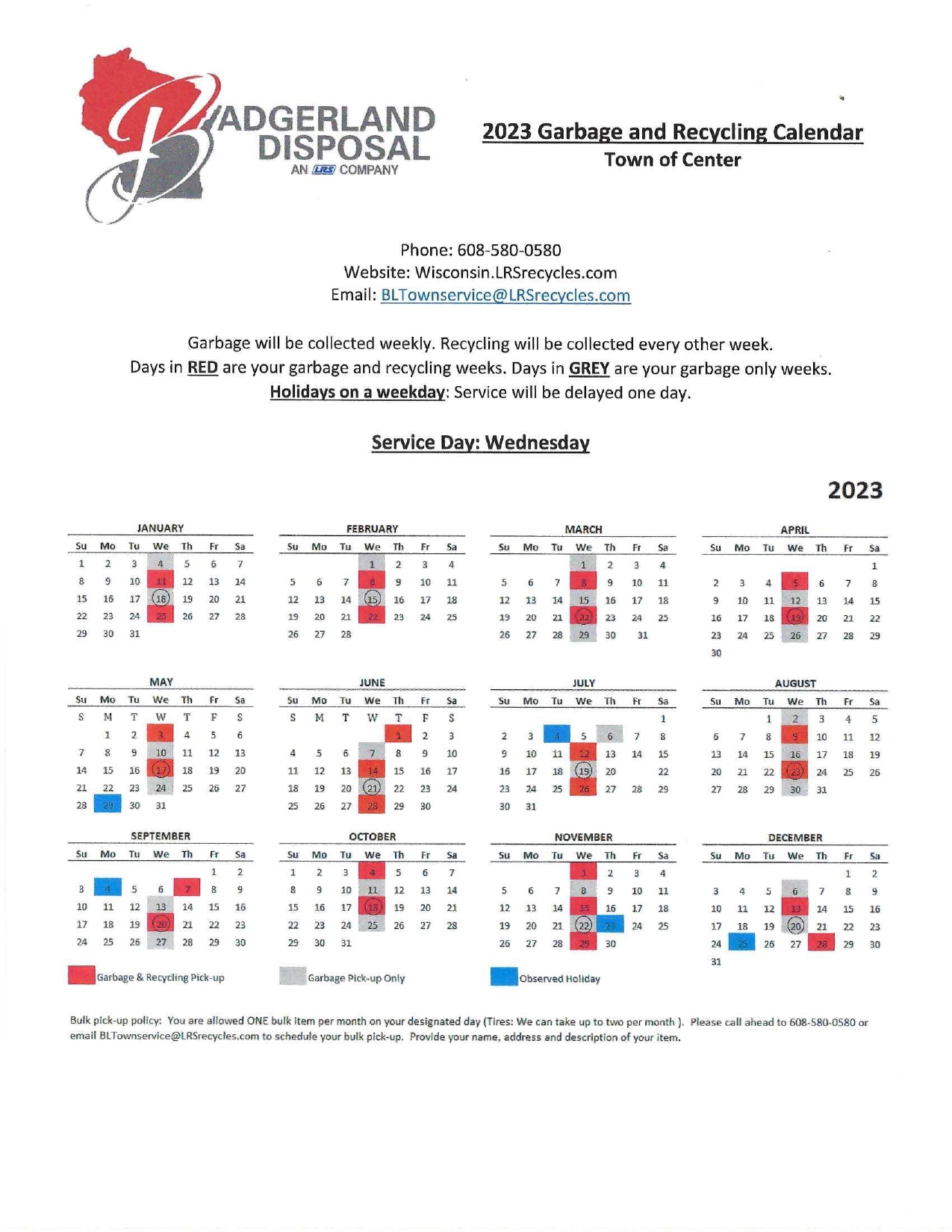 2023 Garbage/Recycling Calendar Town of Center, Rock County, Wisconsin