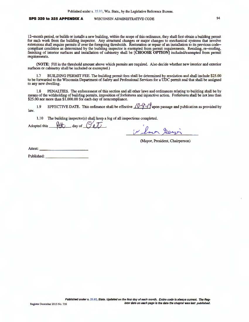 Model Ordinance for Adoption of Wisconsin Uniform Dwelling Code Page