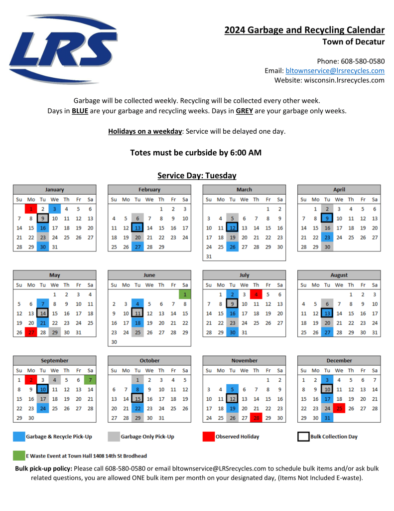 Garbage & Recycling Info Town of Decatur, Green County, Wisconsin