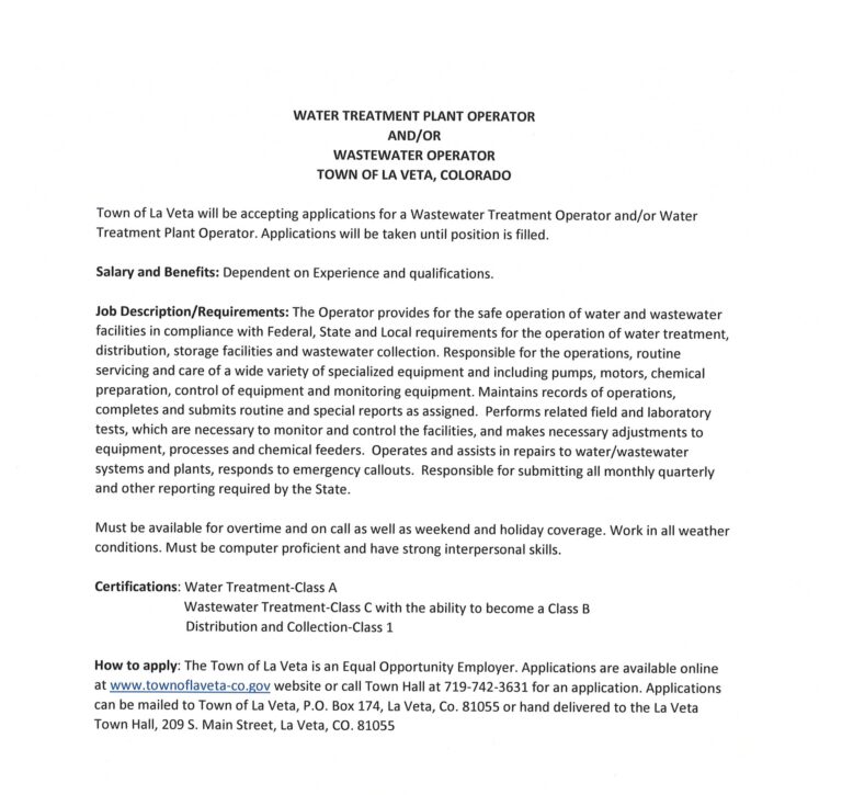 Now Hiring! Water Treatment Plant Operator and/or Wastewater Treatment