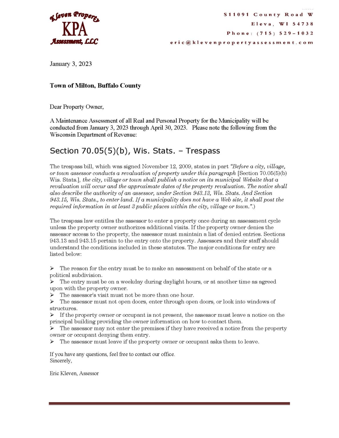 Assessor Notice Town of Milton, Buffalo County, Wisconsin