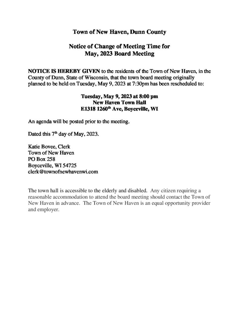 Notice Of Change Of Meeting Time For May Meeting Town Of New Haven