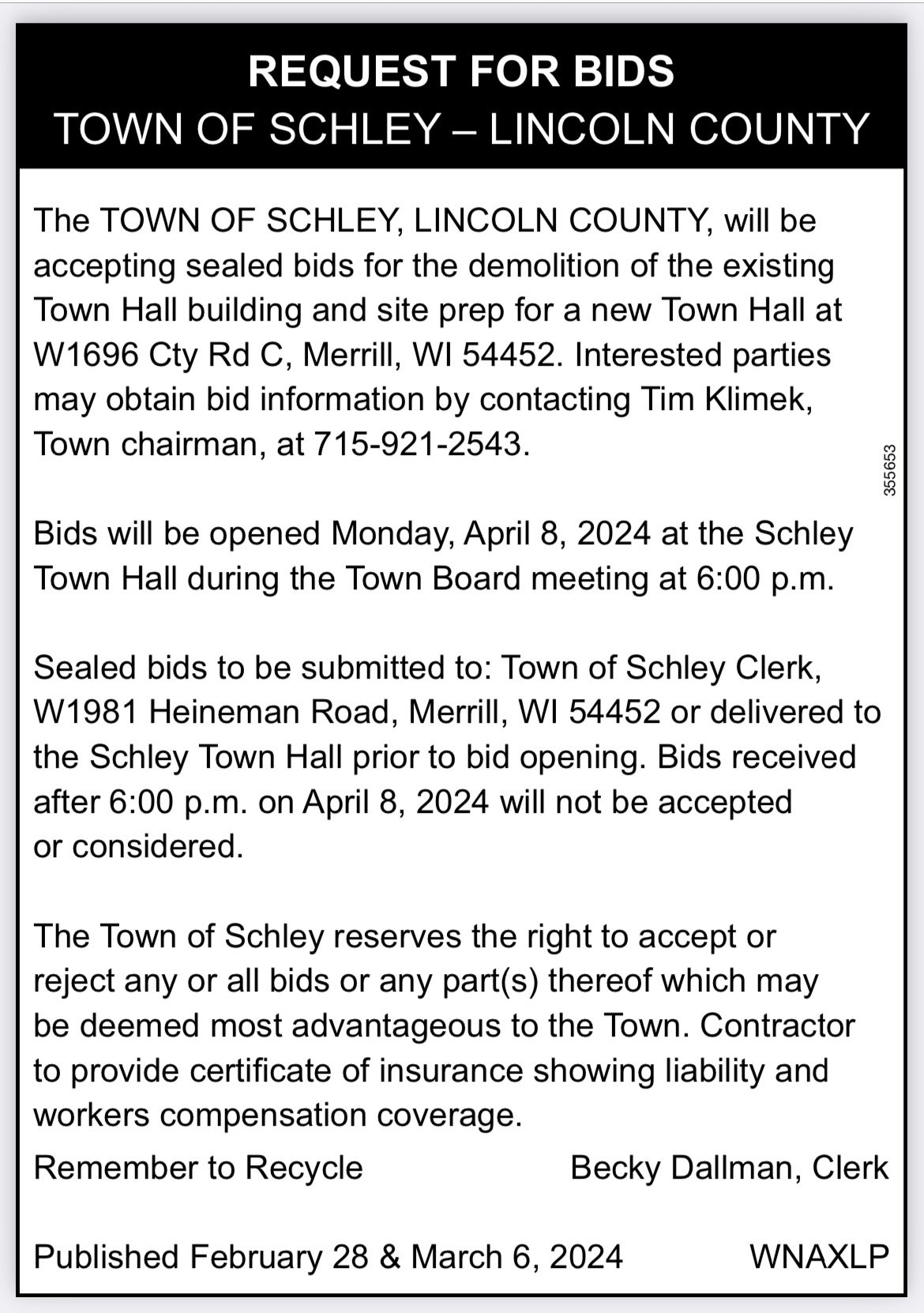 Bid for town hall demolition site prep 2024 town of schley lincoln