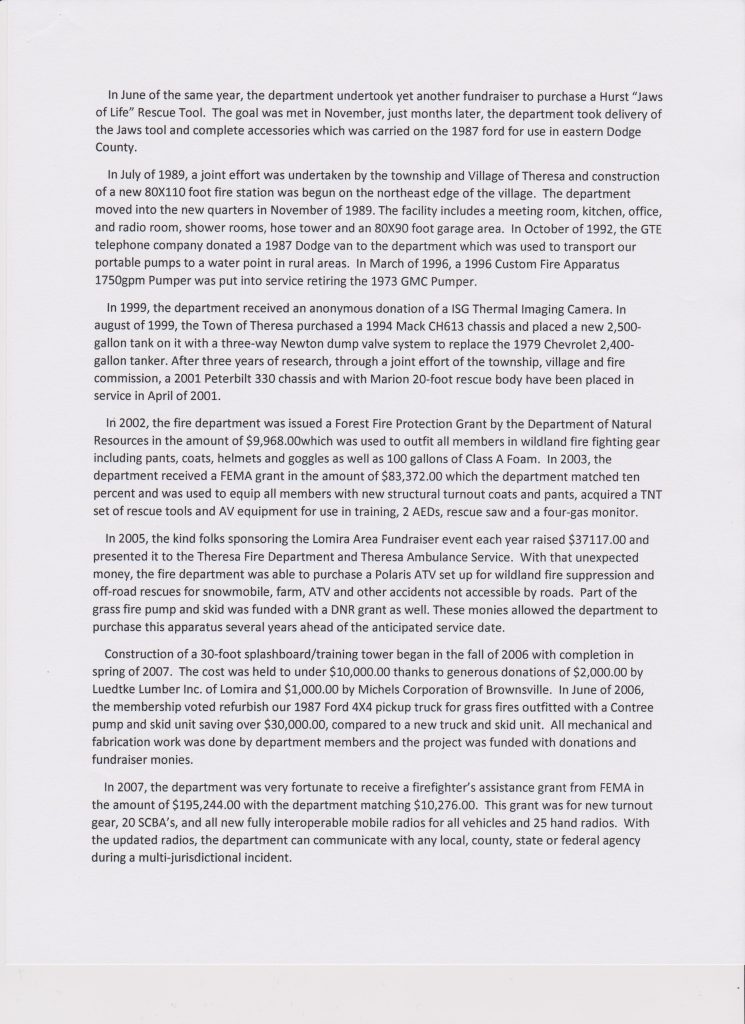 Fire Department Town of Theresa, Dodge County, Wisconsin