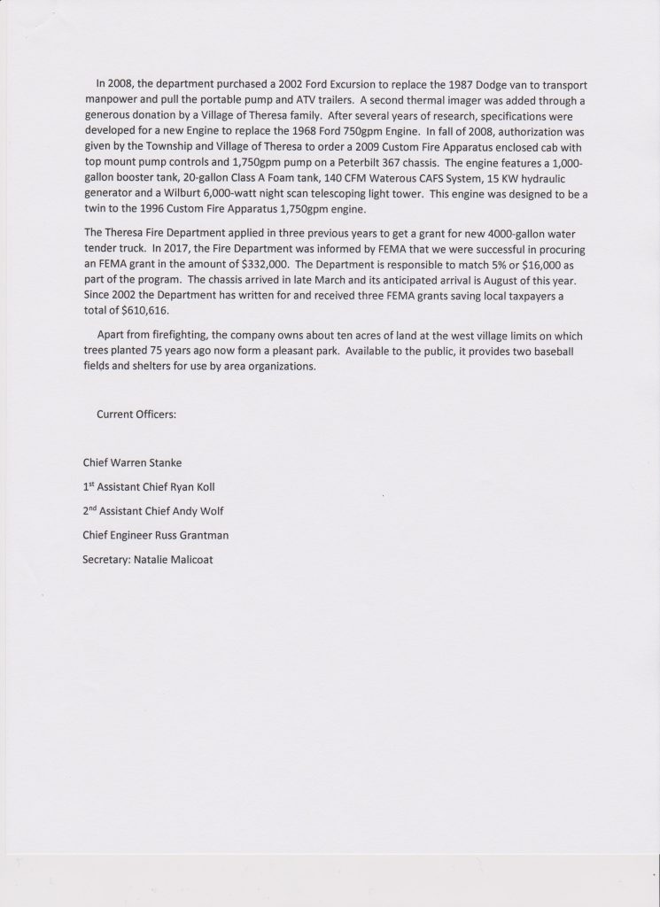 Fire Department Town of Theresa, Dodge County, Wisconsin