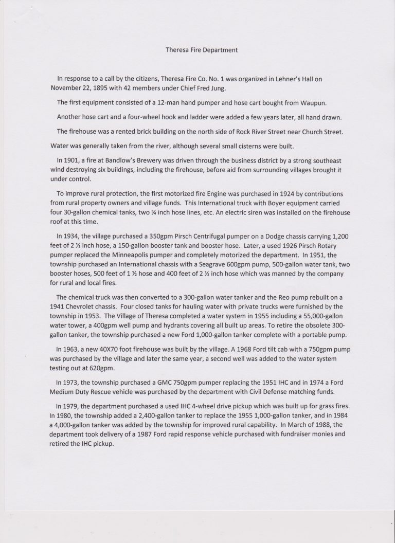 Fire Department Town of Theresa, Dodge County, Wisconsin