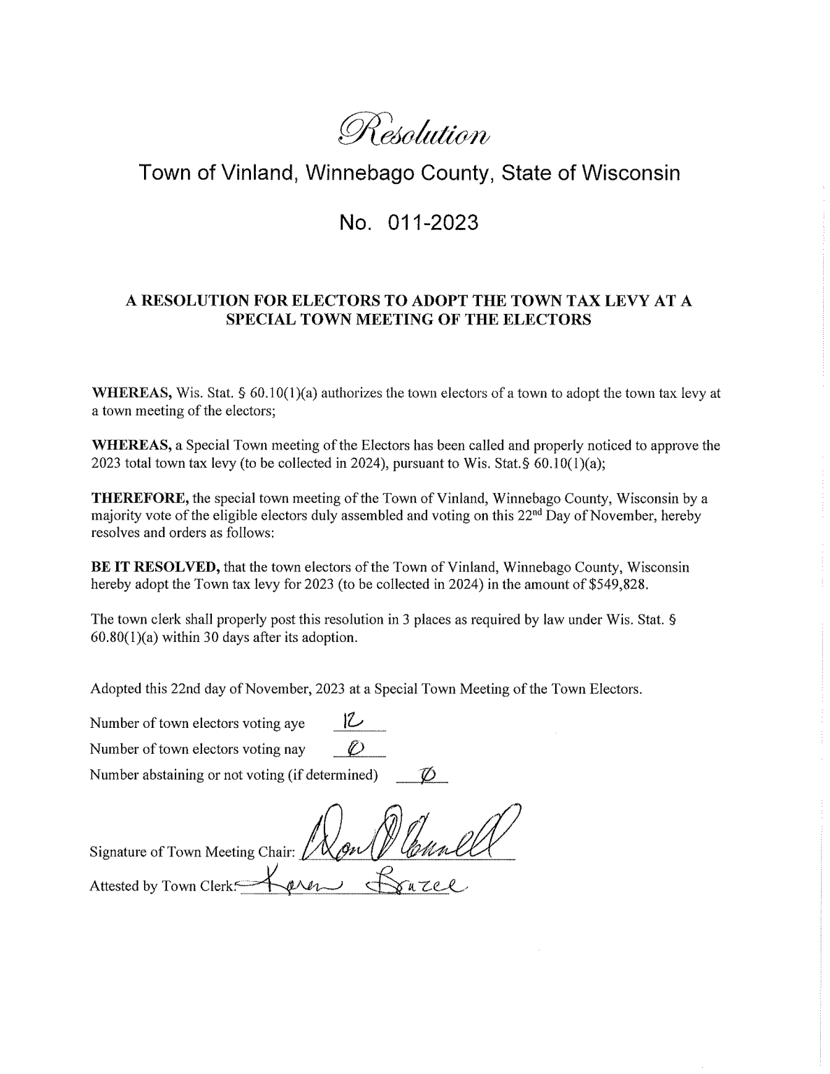 Tax Levy Resolution Town of Vinland, Winnebago County, Wisconsin