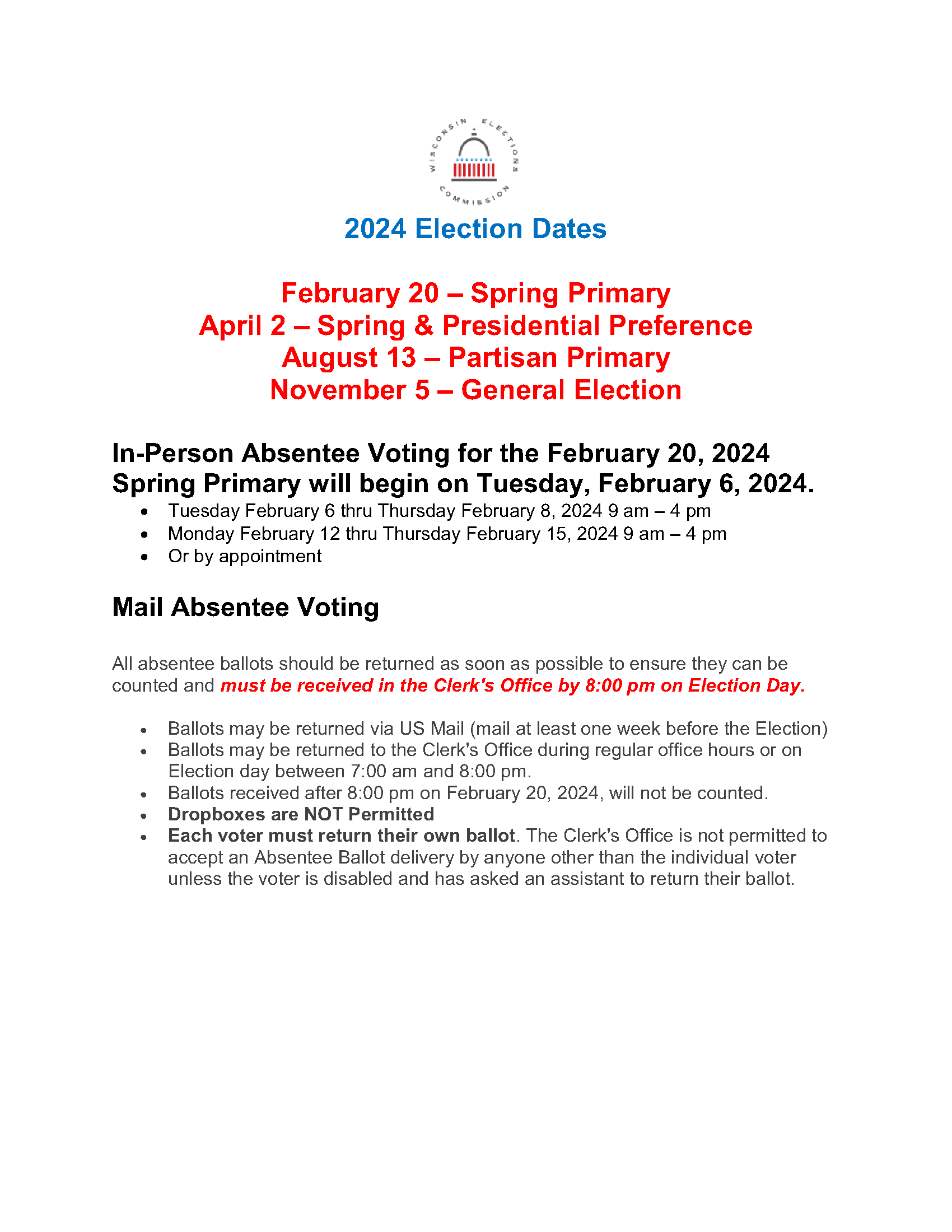 2024 Election Dates Town of Vinland, Winnebago County, Wisconsin