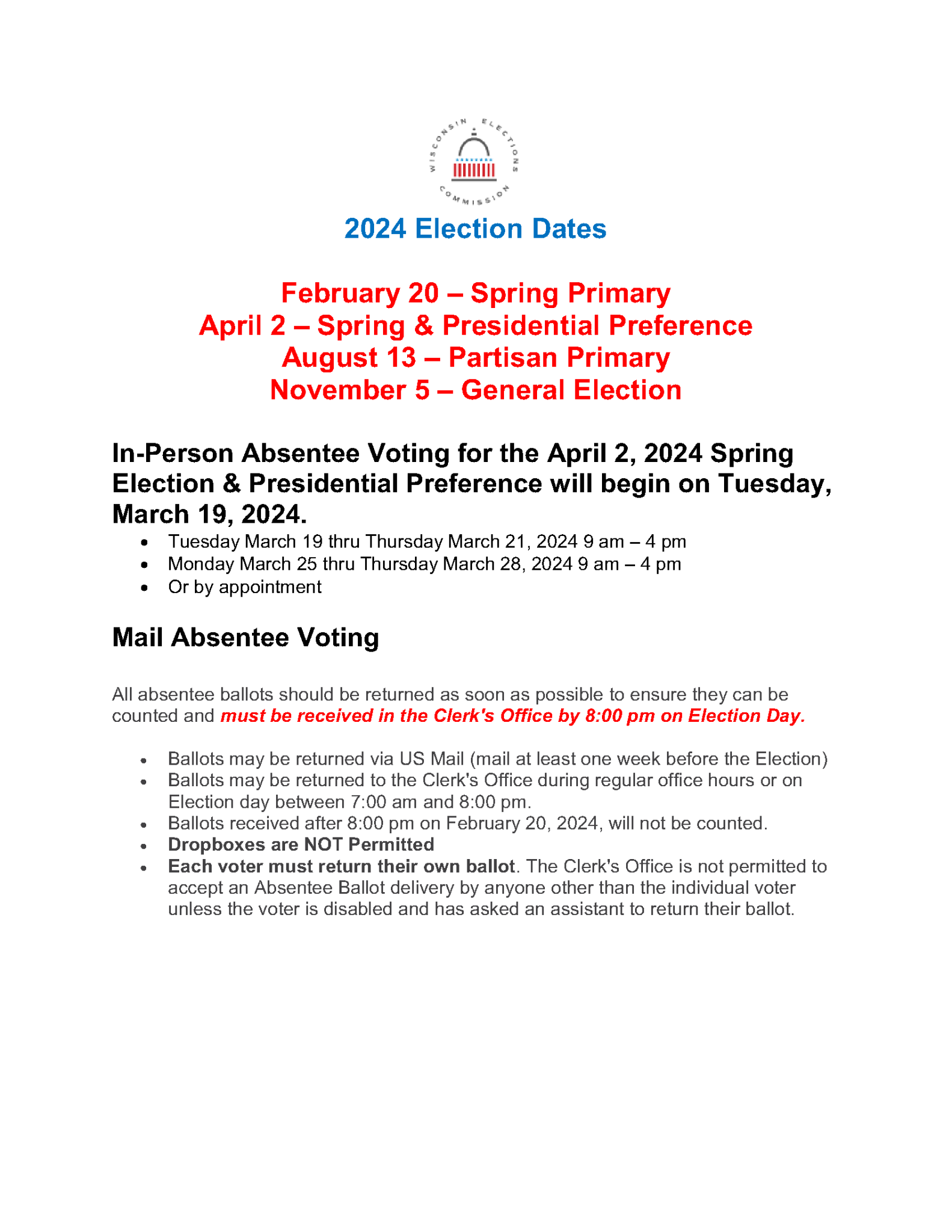 2024 Election Dates Town of Vinland, Winnebago County, Wisconsin