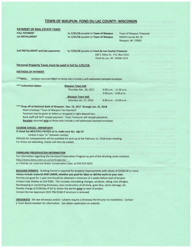 COLLECTION OF REAL ESTATE TAXES Town of Waupun, Fond Du Lac County