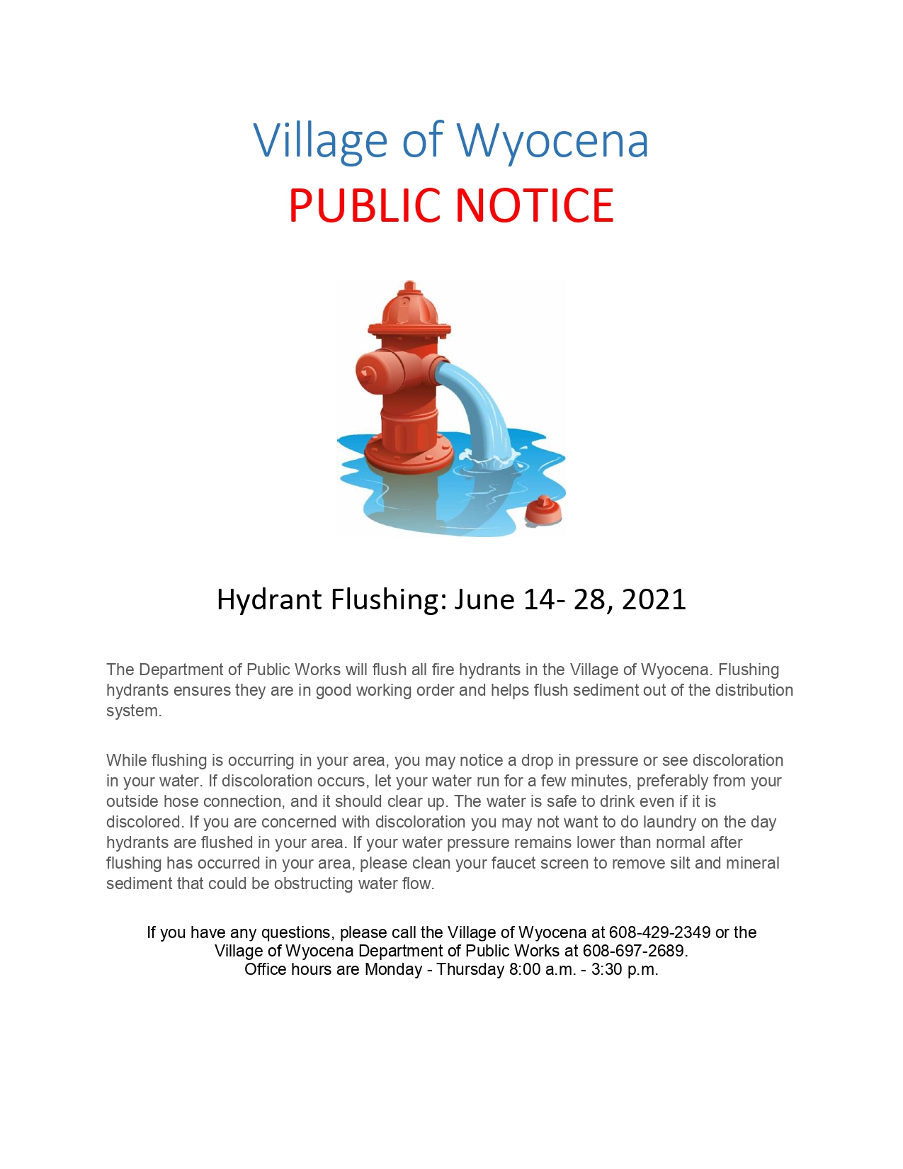 Hydrant Flushing Notice Village of Wyocena