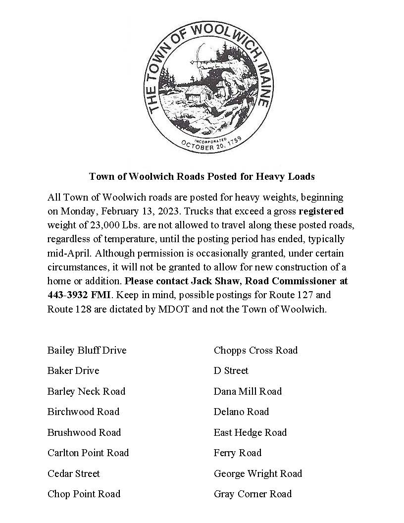 Road Posting Town of Woolwich